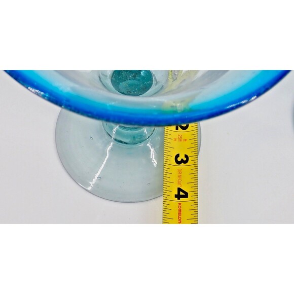 Aqua Rim Thick Hand Blown Margarita Martini Glasses Set of 2 Mint Condition 7" - Picture 5 of 8